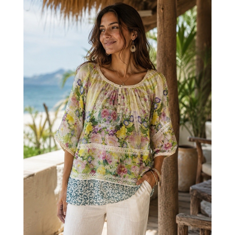 ARATTA SILENT JOURNEY Sz M 100% Silk Floral Sheer Tunic Top Blouse Boho